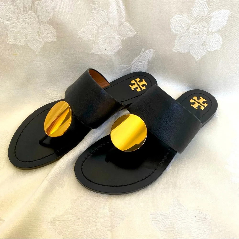 Tory Burch 73193 Patos Black Leather Gold Hardware Women's Sandal Sz 6M - Picture 2 of 10